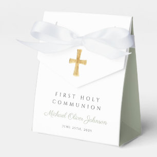Religious Cross Boy Sage Green First Communion Favour Box