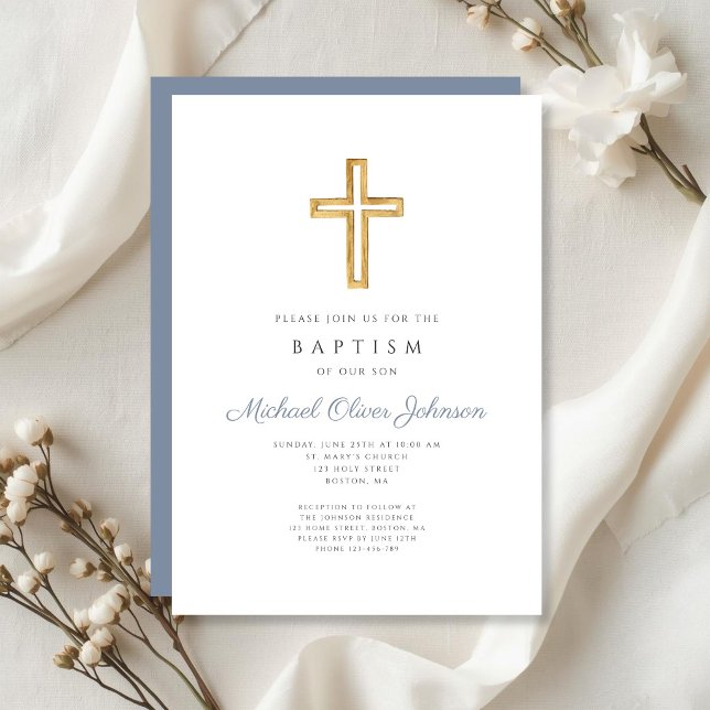 Religious Cross Dusty Blue Boy Baptism Invitation (Religious Cross Dusty Blue Script Boy Baptism Invitation)