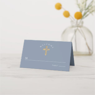 Religious Cross Dusty Blue Boy Baptism Place Card