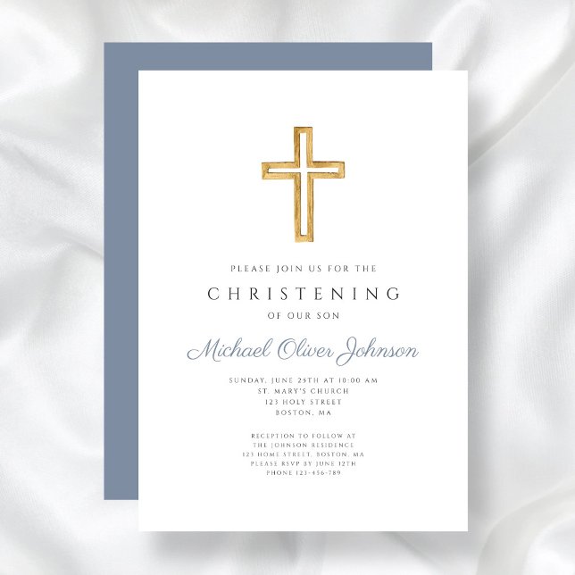 Religious Cross Dusty Blue Boy Christening  Invitation (Religious Cross Dusty Blue Boy Christening Invitation)