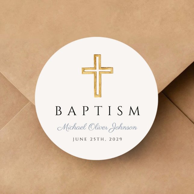 Religious Cross Dusty Blue Script Boy Baptism  Classic Round Sticker (Religious Cross Dusty Blue Script Boy Baptism Classic Round Sticker)