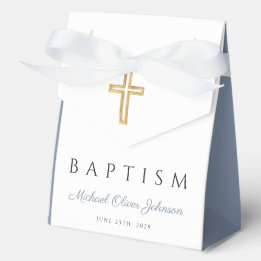 Religious Cross Dusty Blue Script Boy Baptism  Favour Box