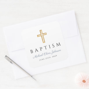Religious Cross Dusty Blue Script Boy Baptism  Square Sticker