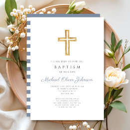 Religious Cross Dusty Blue Stripes Boy Baptism Invitation