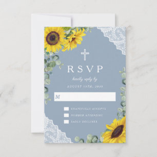 Religious Cross Dusty Blue Sunflower Lace Wedding RSVP Card