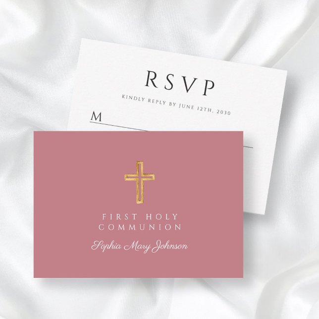 Religious Cross Dusty Pink Girl First Communion  RSVP Card (Religious Cross Dusty Pink Girl First Communion RSVP Card)