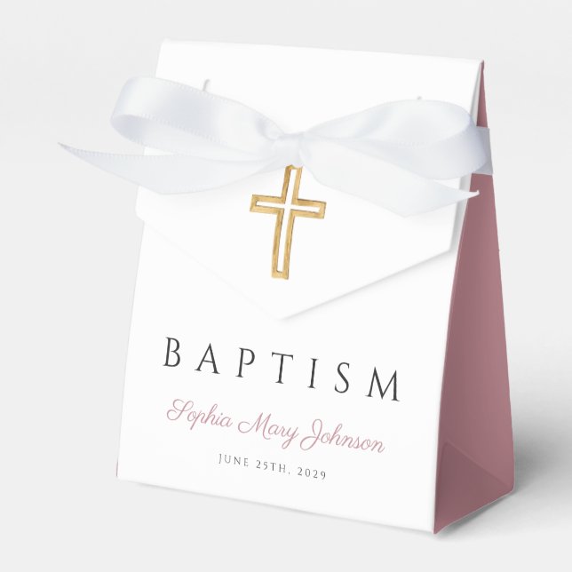 Religious Cross Dusty Pink Script Girl Baptism  Favour Box (Front Side)