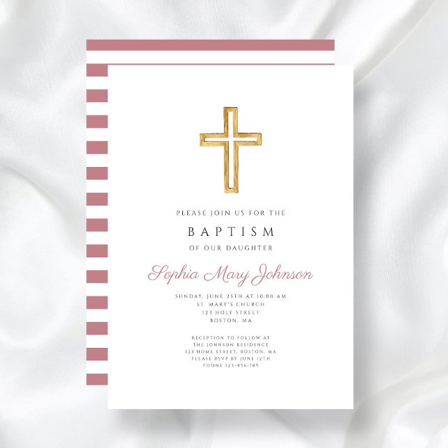 Religious Cross Dusty Pink Stripes Girl Baptism Invitation (Religious Cross Dusty Pink Stripes Girl Baptism Invitation)