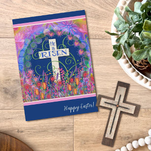 Religious Cross Floral Happy Easter He Is Risen Card