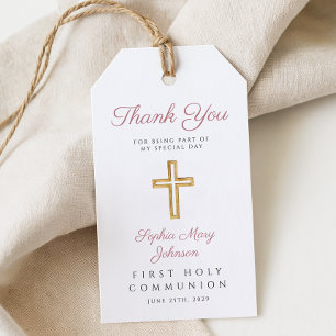 Religious Cross Girl Pink First Communion Gift Tags