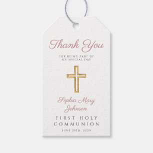 Religious Cross Girl Pink Stripes First Communion Gift Tags