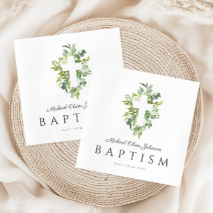 Religious Cross Green Botanical Baptism  Napkin