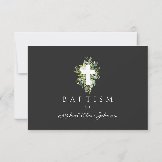 Religious Cross Green Botanical Baptism  RSVP Card (Back)