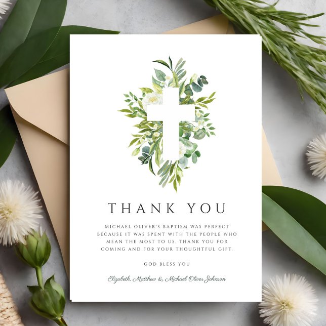 Religious Cross Green Botanical Baptism  Thank You Card (Religious Cross Green Botanical Baptism Thank You Card)