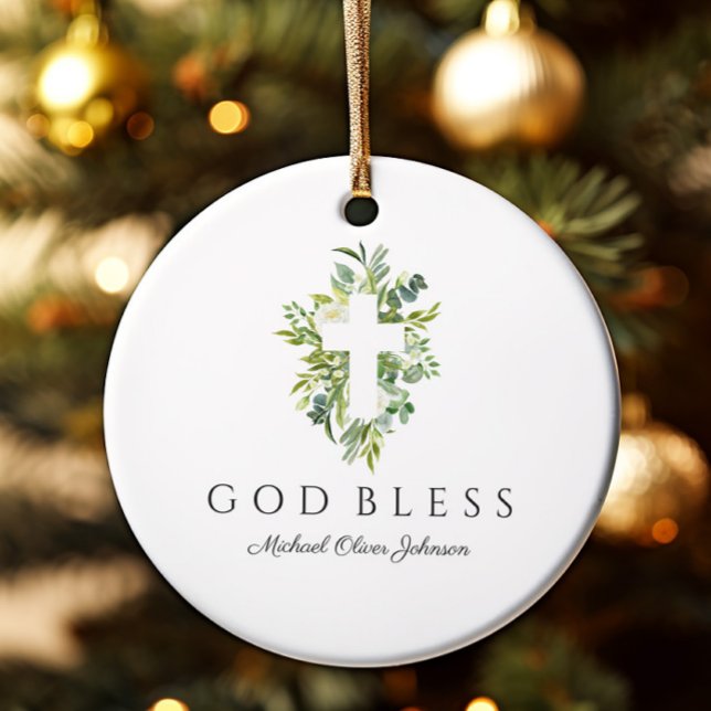 Religious Cross Green Botanical God Bless Baptism Ceramic Ornament (Creator Uploaded)