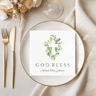 Religious Cross Green Botanical God Bless Baptism  Napkin