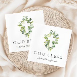 Religious Cross Green Botanical God Bless Baptism  Napkin