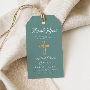 Religious Cross Green Boy First Communion Gift Tags