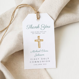 Religious Cross Green Boy First Communion Gift Tags