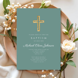 Religious Cross Green Script Boy Baptism Invitation