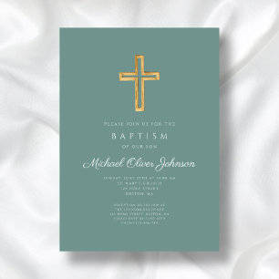 Religious Cross Green Script Boy Baptism Invitation