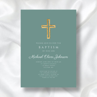 Religious Cross Green Script Boy Baptism Invitation