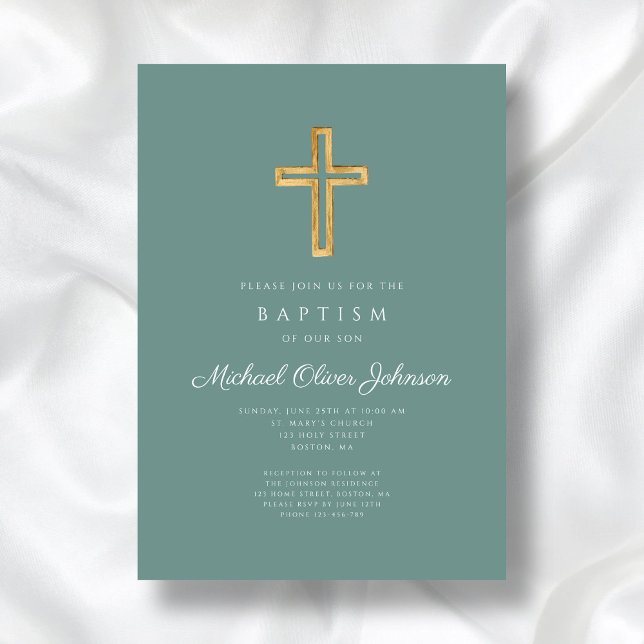 Religious Cross Green Script Boy Baptism Invitation (Religious Cross Green Script Boy Baptism Invitation)