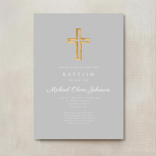 Religious Cross Grey Script Boy Baptism Invitation