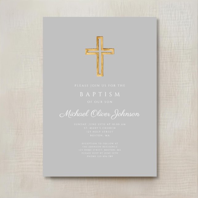 Religious Cross Grey Script Boy Baptism Invitation (Religious Cross Gray Script Boy Baptism Invitation)