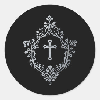Religious Cross in Crest Black Faux Silver Vintage Classic Round Sticker