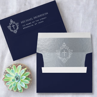 Religious Cross in Crest Navy Blue Faux Silver Envelope