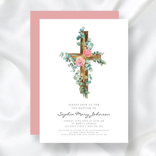 Religious Cross Pink Floral Girl Baptism Invitation (Religious Cross Pink Floral Girl Baptism Invitation)