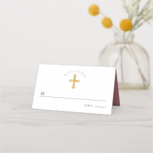 Religious Cross Pink Girl First Communion Place Card