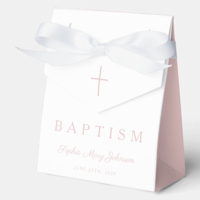Religious Cross Pink Script Girl Baptism  Favour Box (Front)