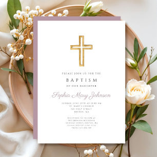 Religious Cross Purple Script Girl Baptism Invitation