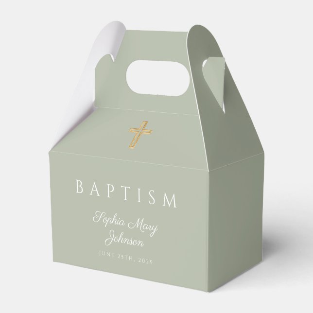 Religious Cross Sage Green Baptism Favour Box (Front Side)