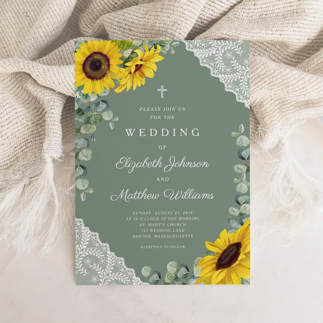 Religious Cross Sage Green Lace Sunflower Wedding Invitation (Religious Cross Sage Green Lace Sunflower Wedding Invitation)