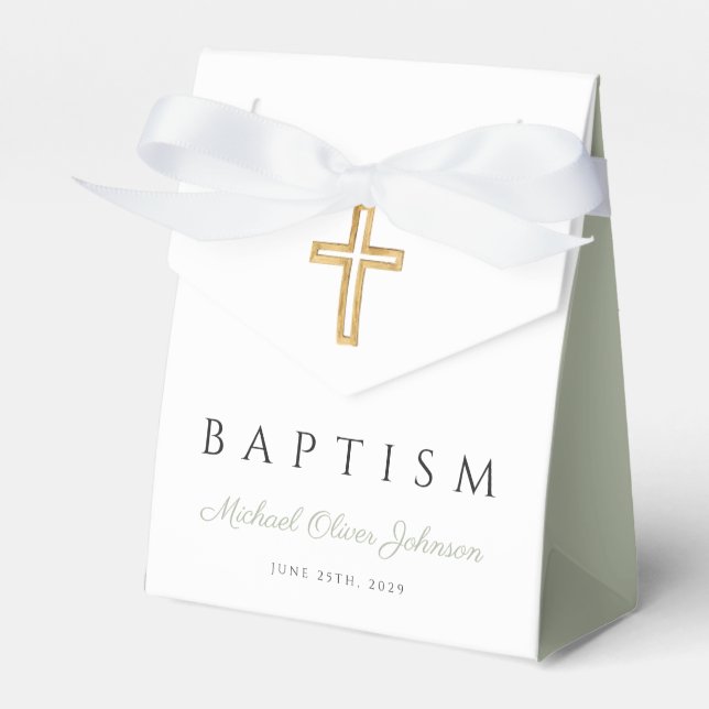 Religious Cross Sage Green Script Baptism Favour Box (Front Side)