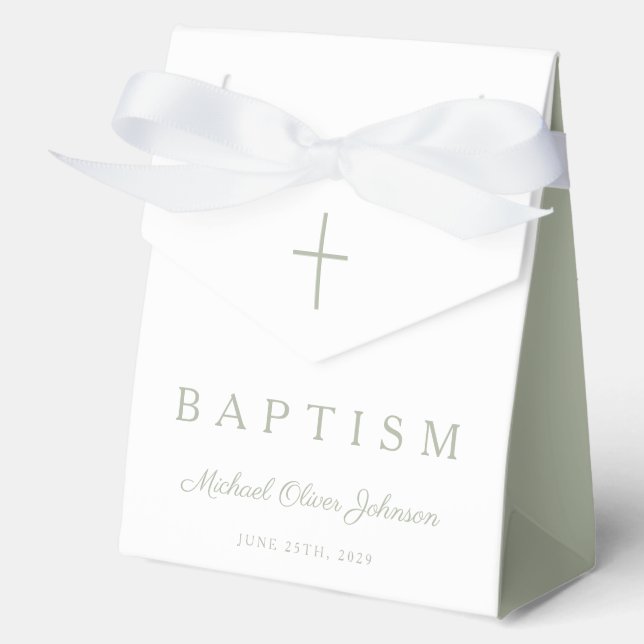 Religious Cross Sage Green Script Boy Baptism  Favour Box (Front)