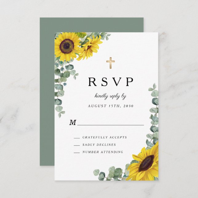 Religious Cross Sage Green Sunflower Wedding  RSVP Card (Front/Back)
