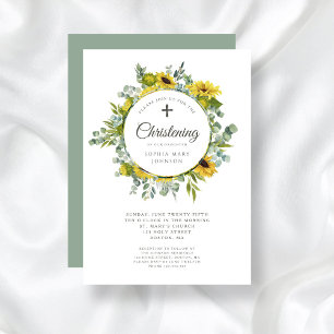 Religious Cross Sunflower Wreath Christening Invitation