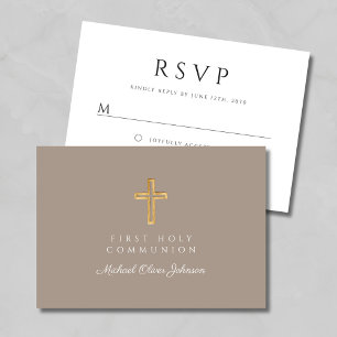 Religious Cross Taupe Boy First Communion RSVP Card