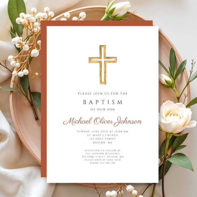 Religious Cross Terracotta Script Baptism Invitation (Religious Cross Terracotta Script Baptism Invitation)