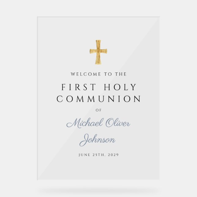Religious Dusty Blue Boy First Communion Welcome Acrylic Sign (Front)