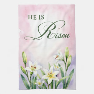 Religious Easter He Is Risen Lilies Watercolor Tea Towel