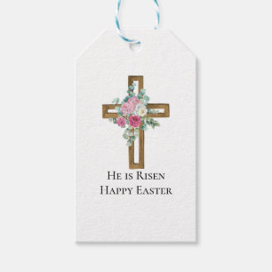 Religious Easter He is Risen Wood Cross Floral  Gift Tags