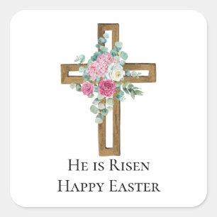 Religious Easter He is Risen Wood Cross Floral Square Sticker