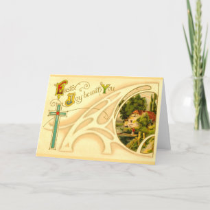 Religious Easter with Cross & Vignette Holiday Card