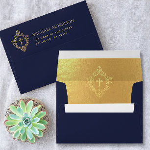 Religious Elegant Navy Blue Faux Gold Cross Crest  Envelope