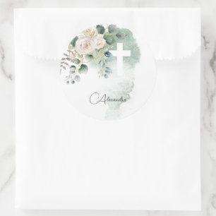 Religious Elegant Roses Green Wash Cross Classic Round Sticker
